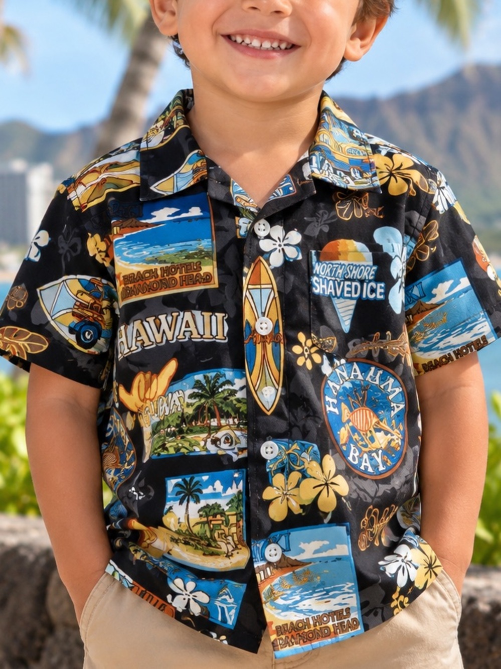 Taj of Honolulu Kids Black Hawaii Postcard Aloha Shirt